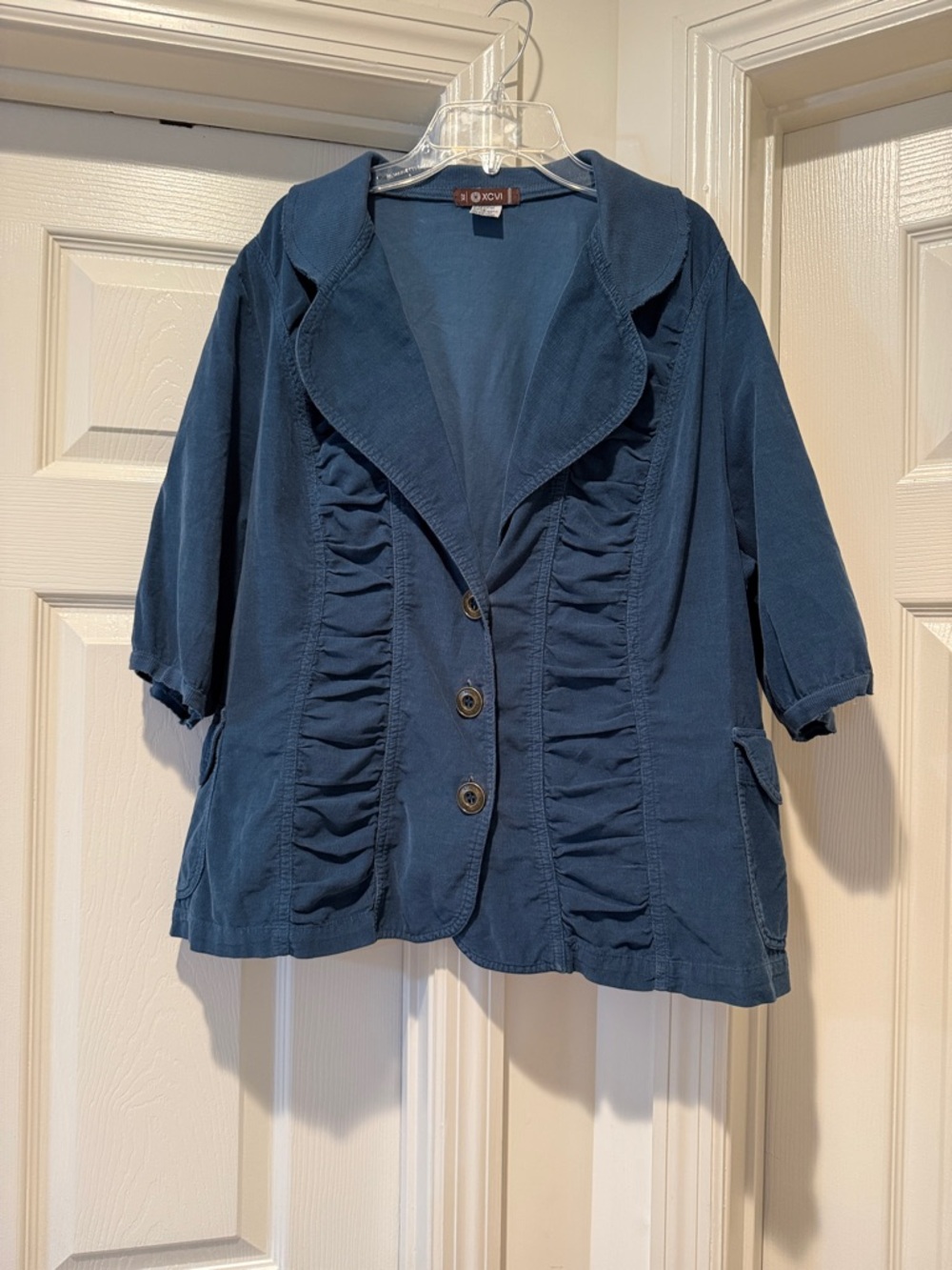 Autumn Short Sleeve Ruched Blue Collared Buttoned Lightweight Corduroy Shirt 2XL